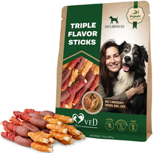 Triple Flavor Dog Rawhide Treats – Natural Chews with Duck & Chicken, Grain-Free (Long-Lasting)